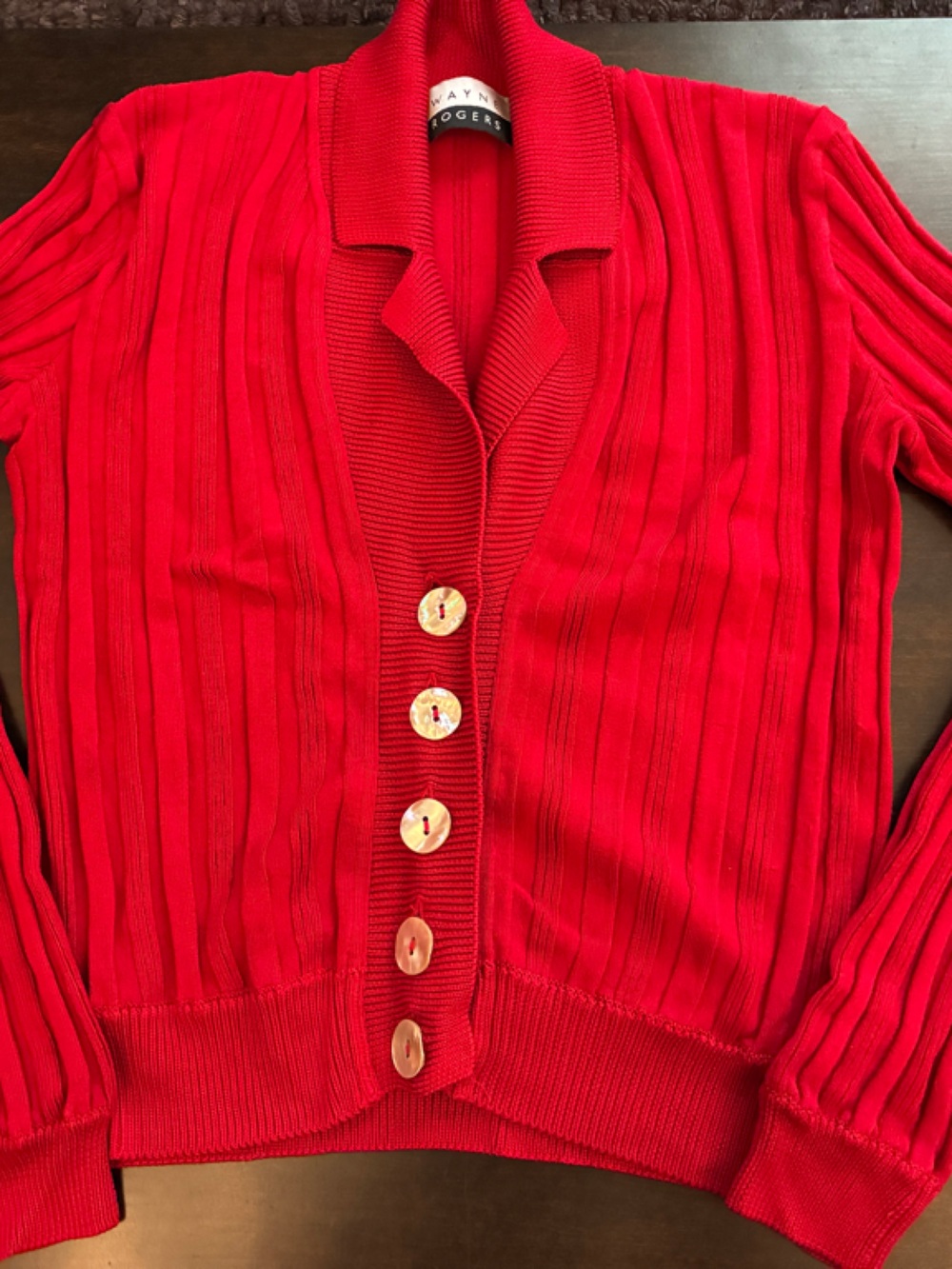 90s Wayne Rogers Crimson Red Ribbed Sweater Cardigan. Iridescent Buttons. Medium